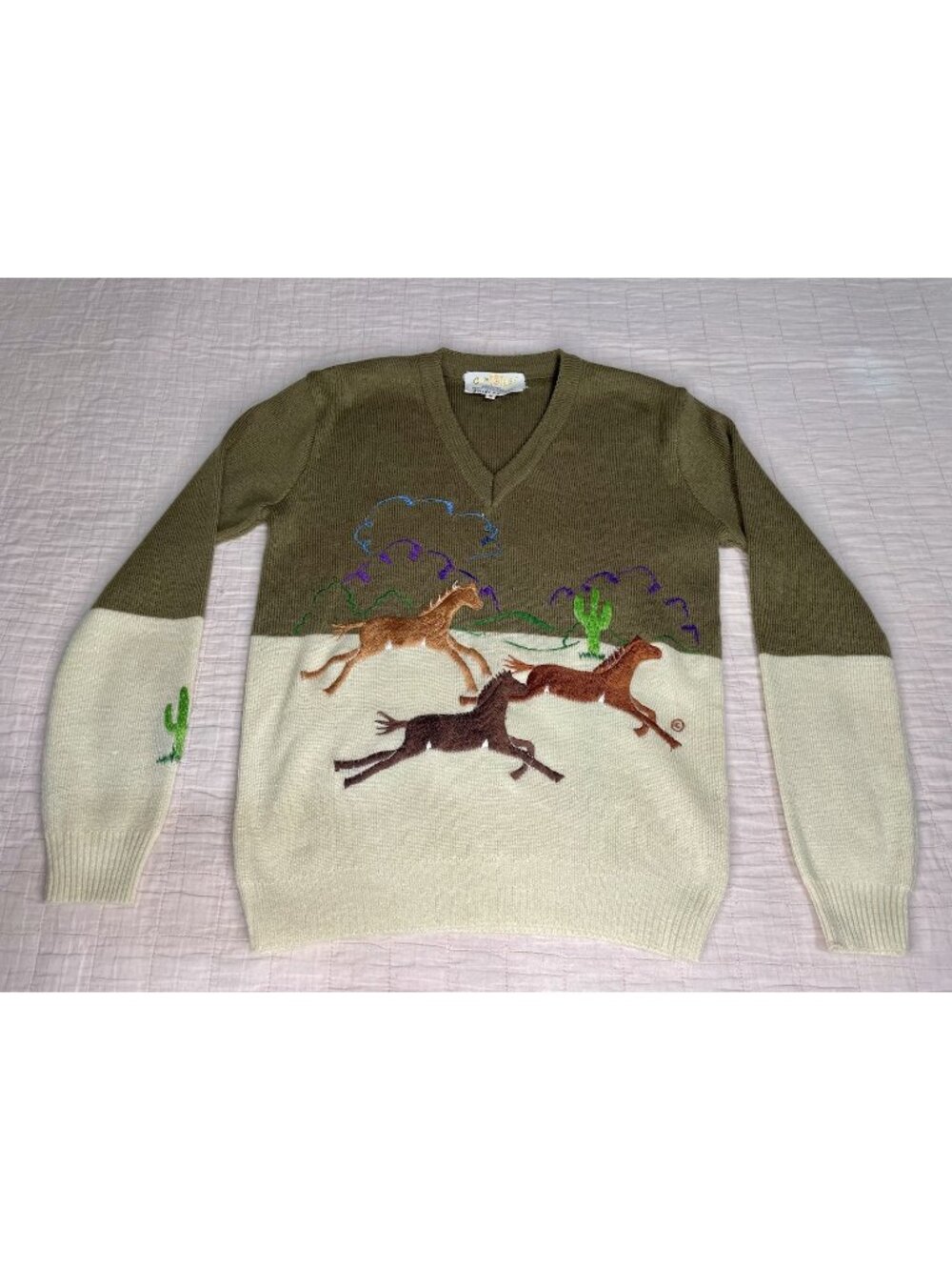 Vintage Cyn Les Shirlee Equestrian Horse Embroidered Sweater Sz Med Old Money EC